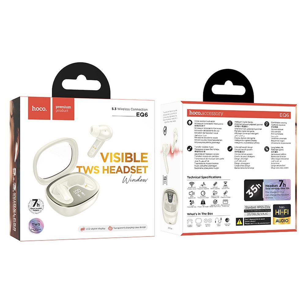 Handsfree Bluetooth HOCO Shadow EQ6, TWS, Hvid