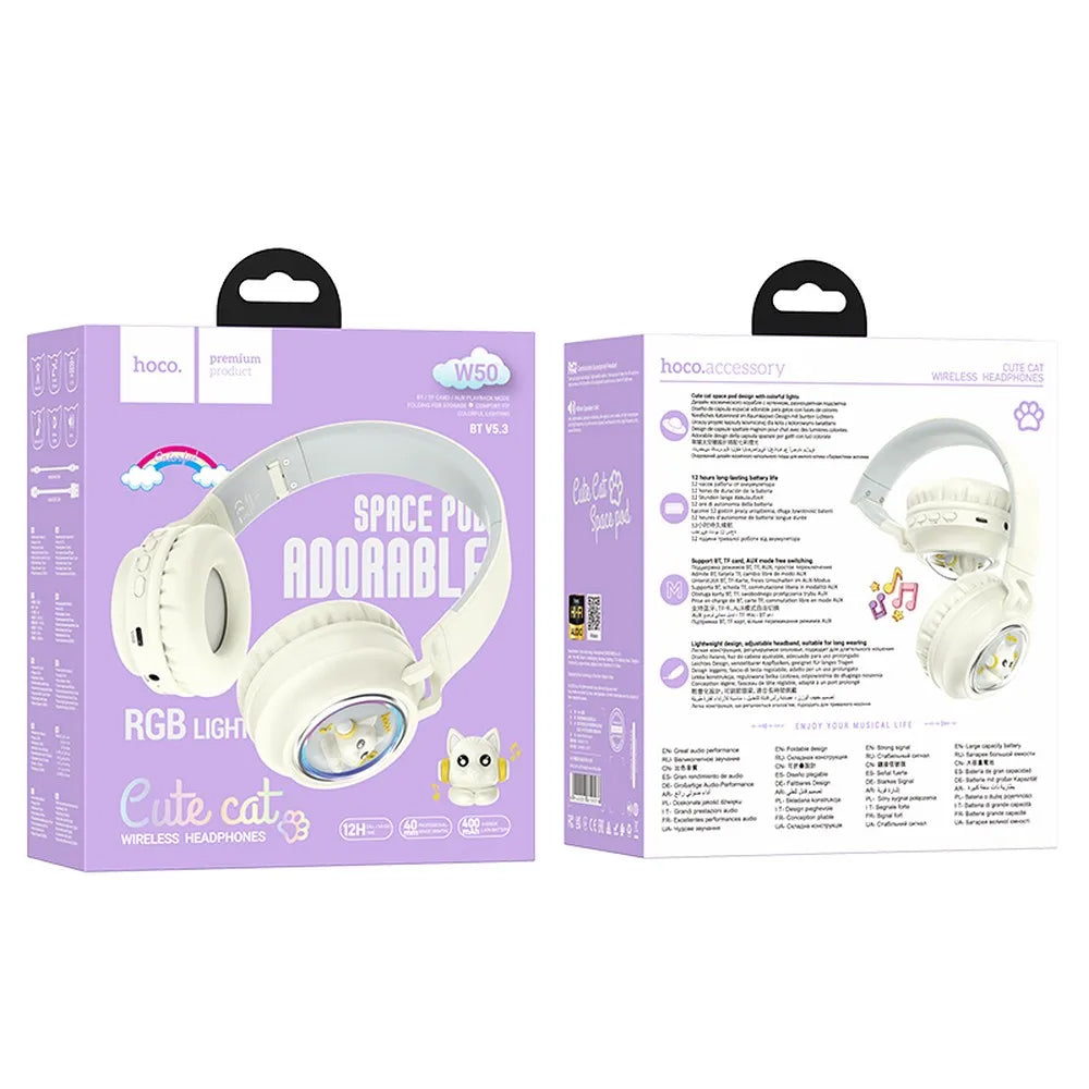 Handsfree Bluetooth HOCO W50 Kids Cute Cat, A2DP, Hvid