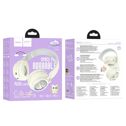 Handsfree Bluetooth HOCO W50 Kids Cute Cat, A2DP, Hvid