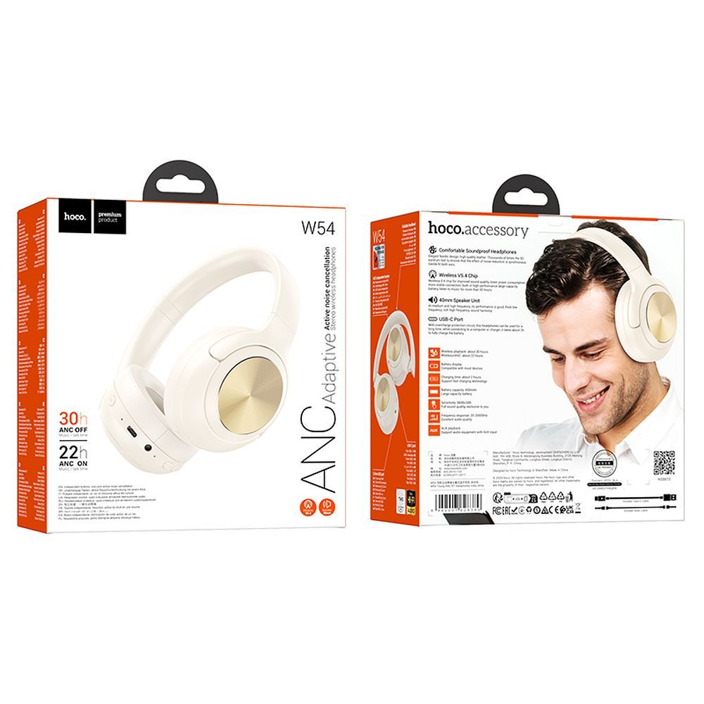 Handsfree Bluetooth HOCO W54, A2DP, ANC, Hvid