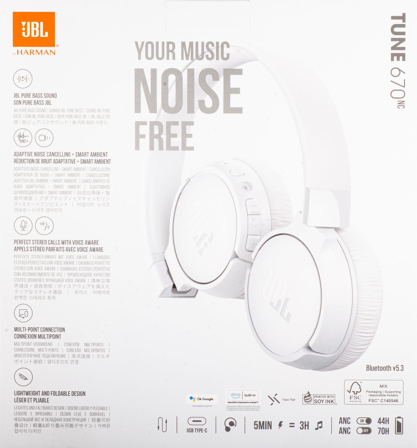 Handsfree Bluetooth JBL Tune 670NC, MultiPoint, A2DP, ANC, Hvid JBLT670NCWHTAP