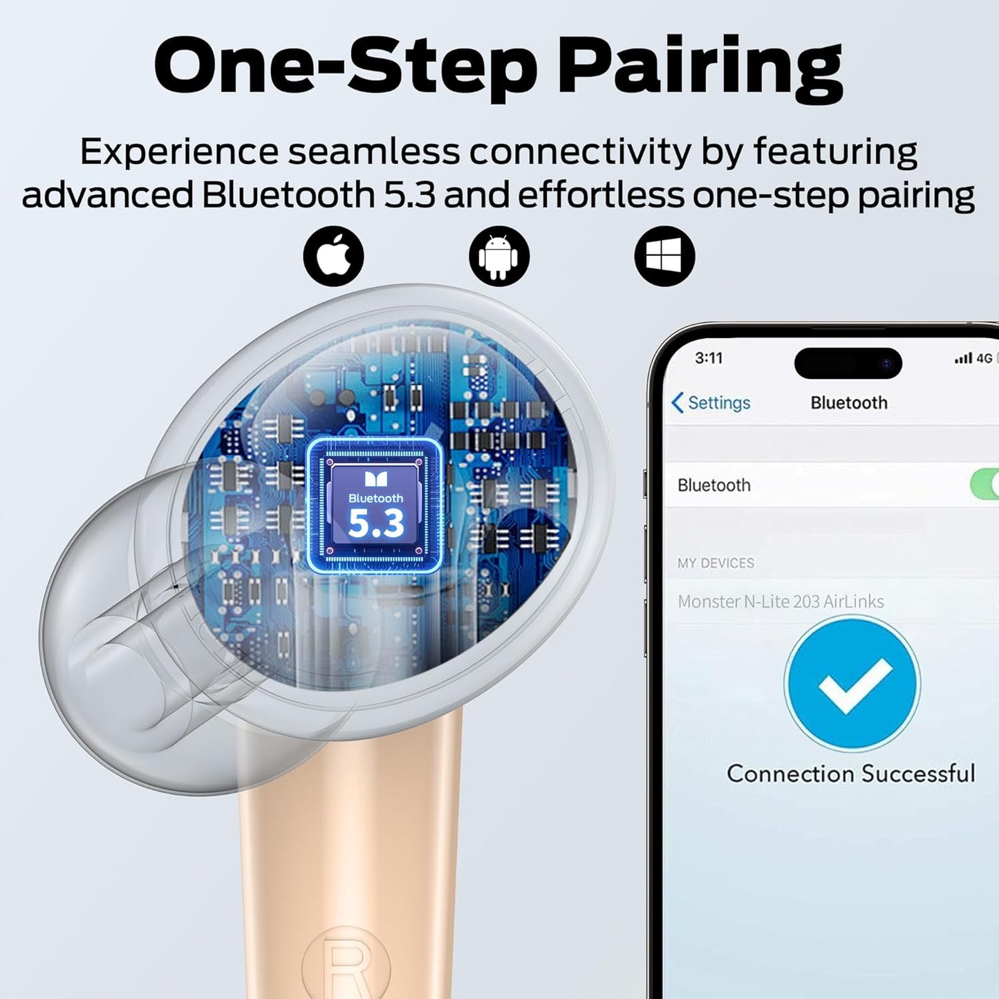 Bluetooth-håndfri Monster N-Lite 203 AirLinks, TWS, Guld