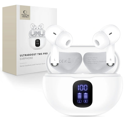 Handsfree Bluetooth Tech-Protect Ultraboost Pro G2, TWS, Hvid