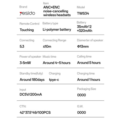 Handsfree Bluetooth Yesido TWS34, TWS, ANC, Hvid
