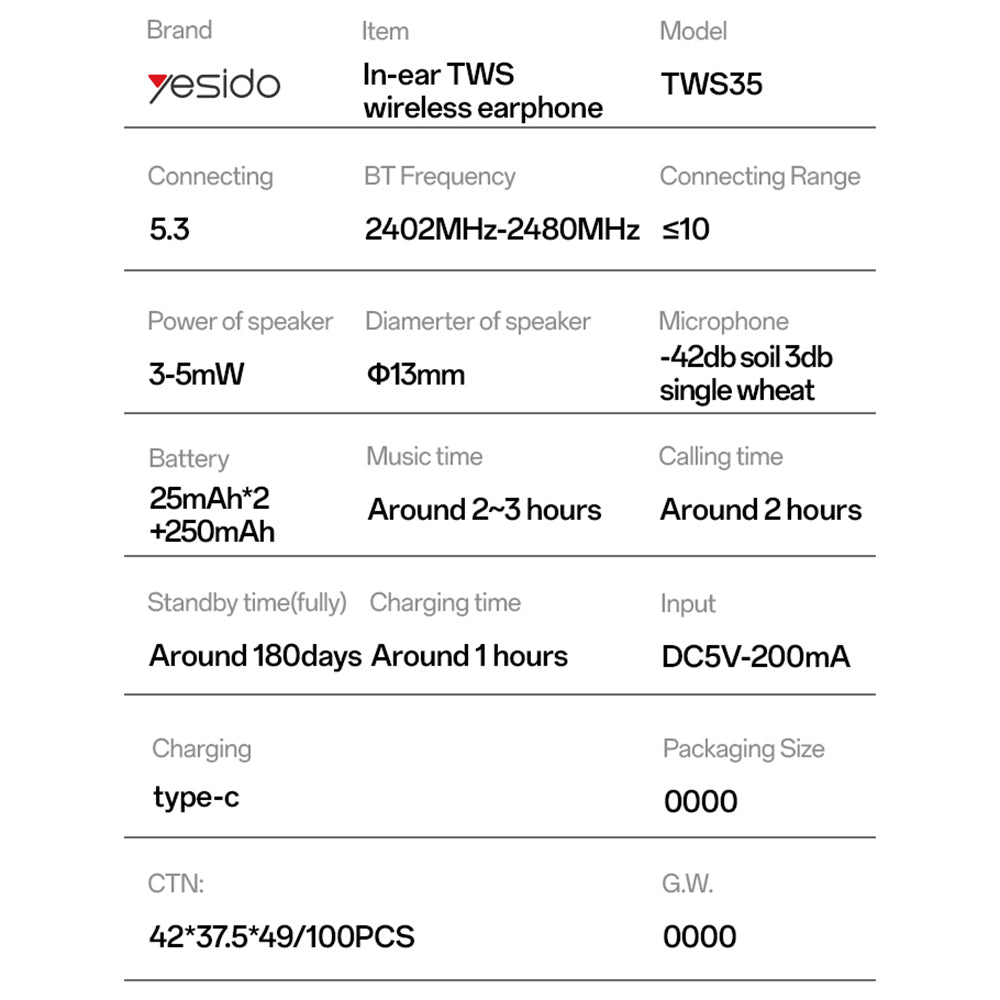 Handsfree Bluetooth Yesido TWS35, TWS, Hvid