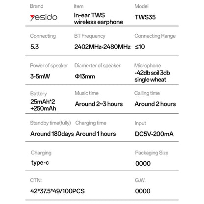 Handsfree Bluetooth Yesido TWS35, TWS, Hvid