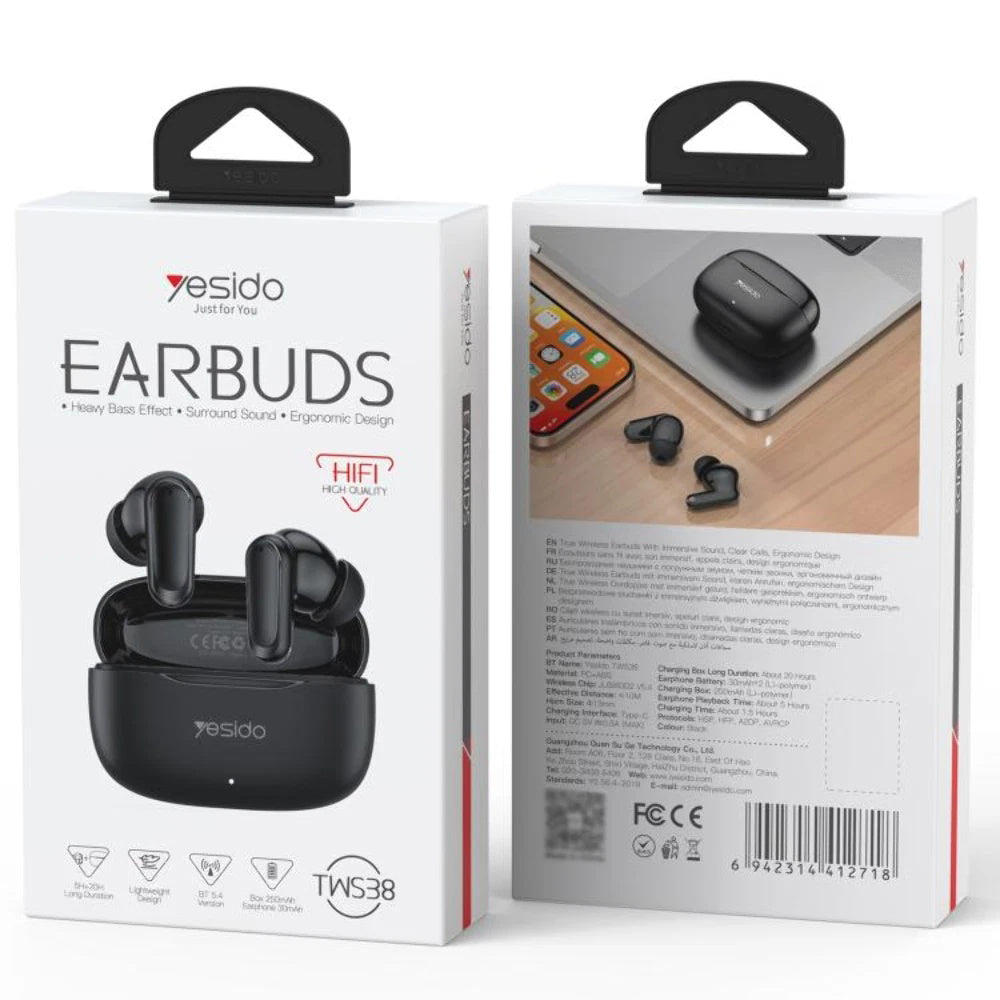 Handsfree Bluetooth Yesido TWS38, TWS, Sort