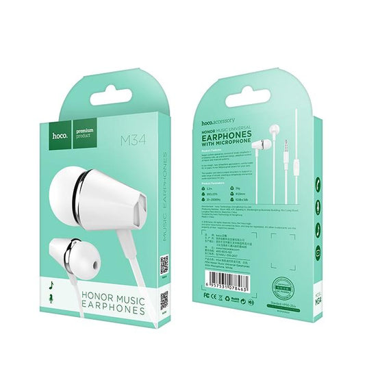 Handsfree 3.5mm HOCO M34 Honor Music, Hvid