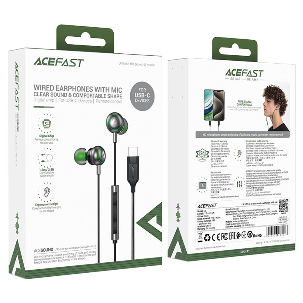 Handsfree USB-C Acefast L5, 1,2 m, Sort