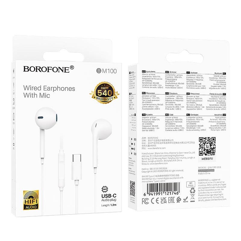 Handsfree USB-C Borofone BM100 Fuente, Hvid