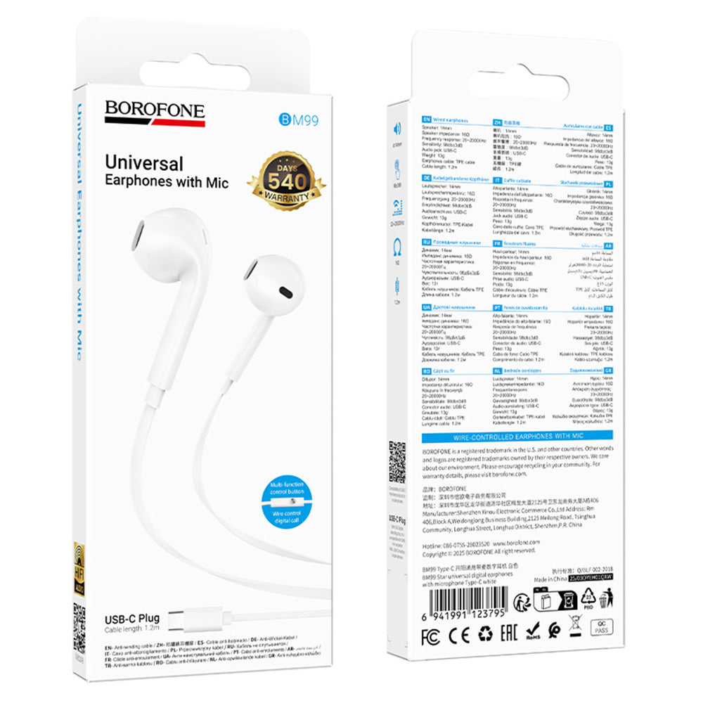 Handsfree USB-C Borofone BM99 Star, Hvid