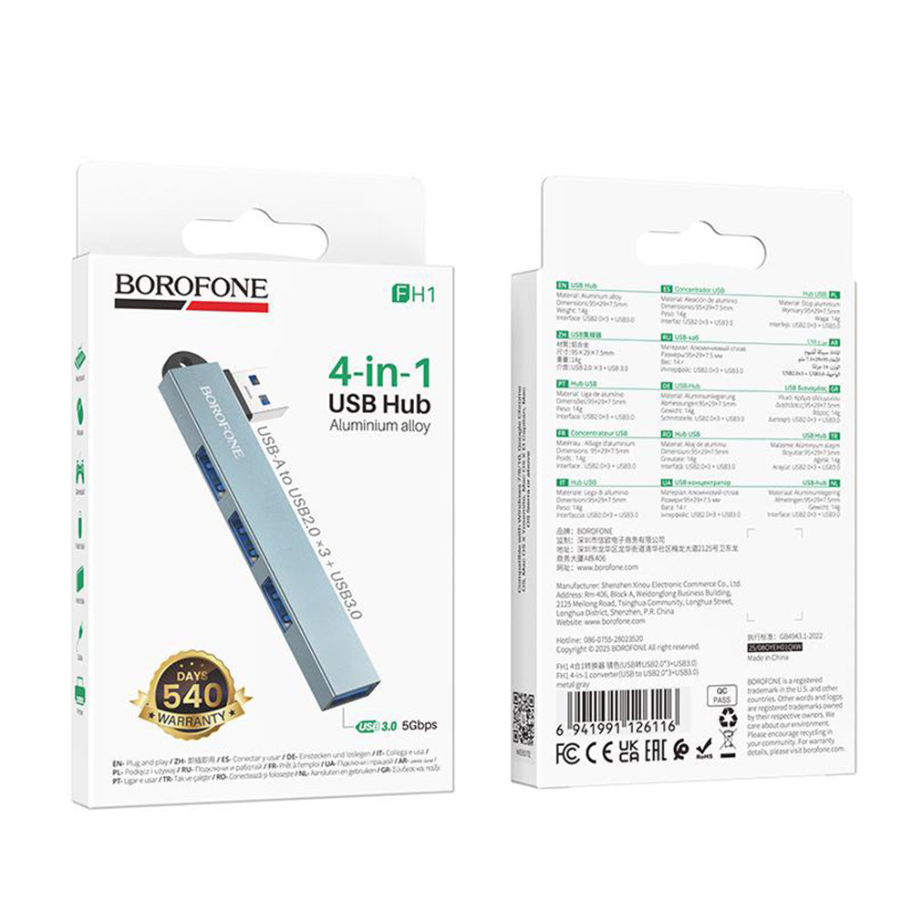 Borofone FH1 USB-hub, 4i1, Grå