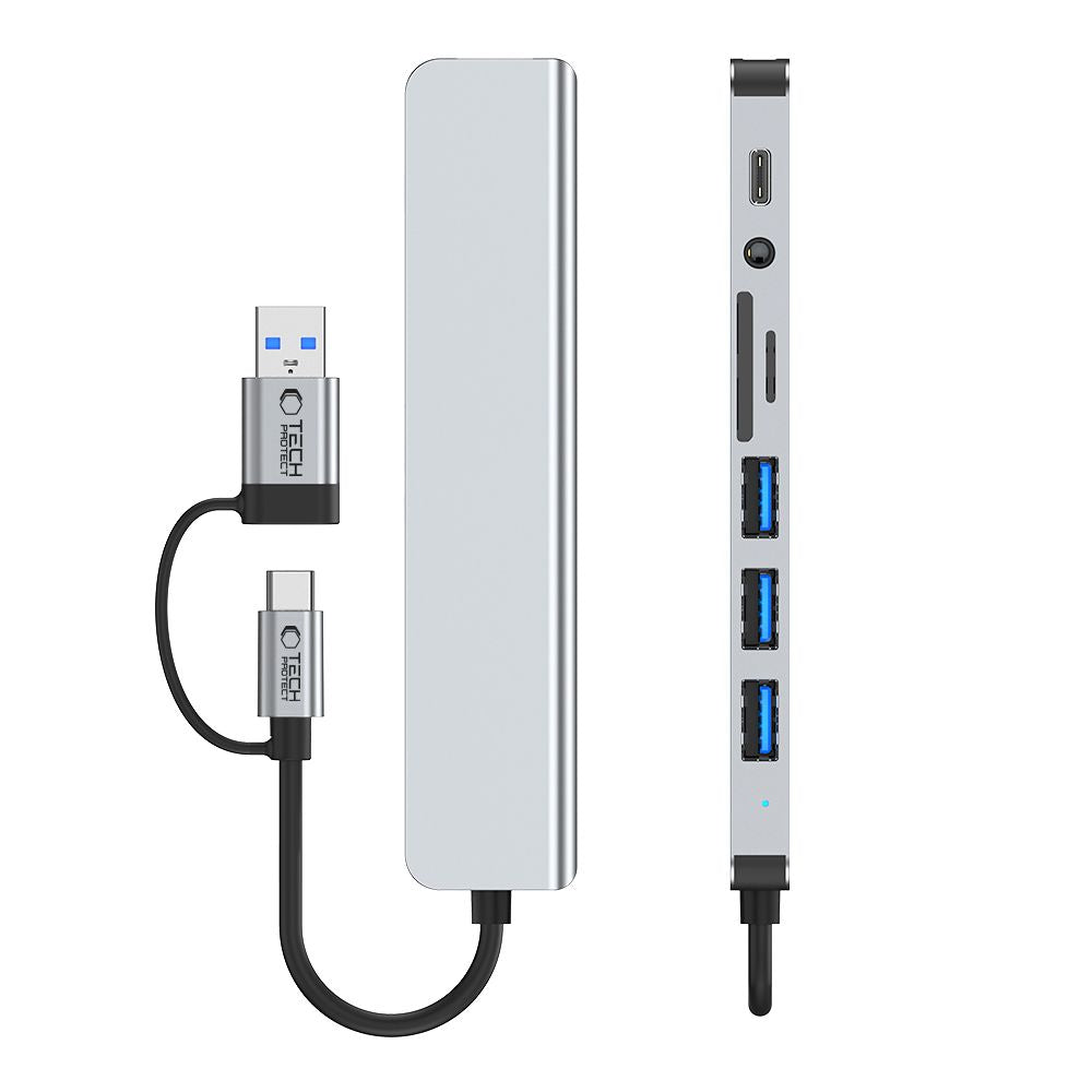 Hub USB / USB-C Tech-Protect HB06, 2 x USB-A 3.0 - 2 x USB-A - 1 x USB-C - 1 x Jack 3.5mm - 1 x SD - 1 x microSD, Grå