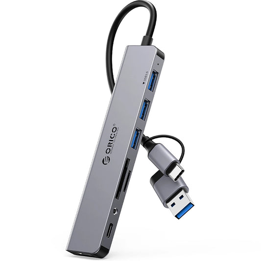 Hub USB / USB-C Orico YSA8-U3, 1 x USB-A 3.0 - 3 x USB-A - 1 x USB-C - 1 x Jack 3.5mm - 1 x SD - 1 x microSD, Sort