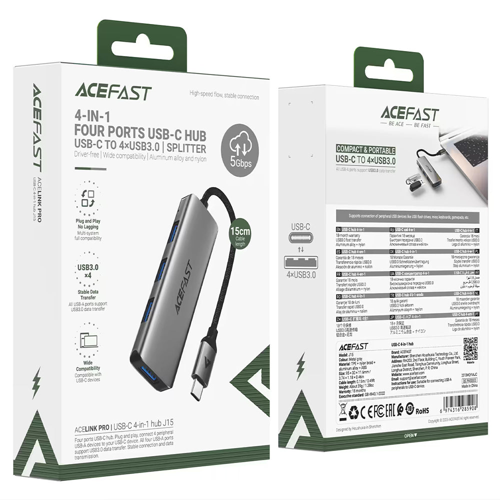 Hub USB-C Acefast J15, 4-i-1, Grå