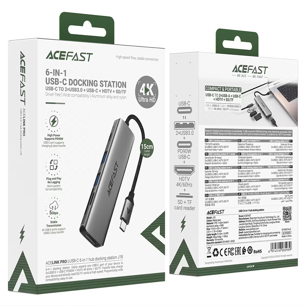 USB-C Hub Acefast J18, 6-i-1, Grå