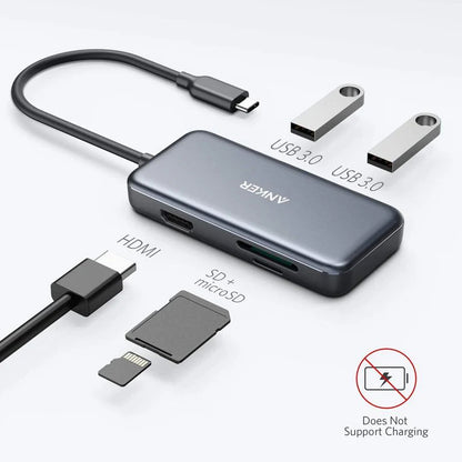 Hub USB-C Anker, 2 x USB-A 3.0 - 1 x HDMI - 1 x SD - 1 x microSD, Sort A8334HA1