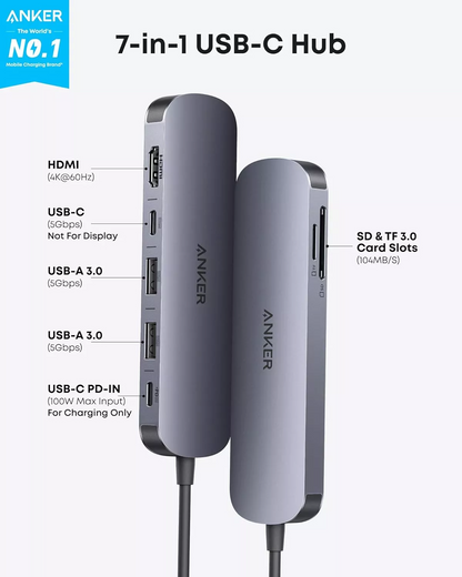Hub USB-C Anker, 2 x USB-A 3.0 - 2 x USB-C - 1 x HDMI - 1 x SD - 1 x microSD, Grå A83D2HA1