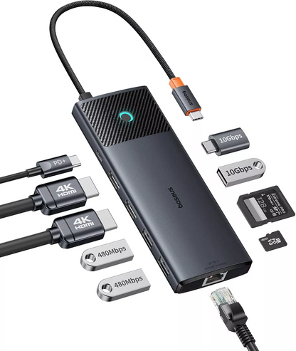 Hub USB-C Baseus Dual Display, 1 x USB-A 3.0 - 2 x USB-A - 2 x USB-C - 2 x HDMI - 1 x RJ45 - 1 x SD - 1 x microSD, Sort B00061800123-01