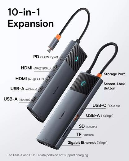 Hub USB-C Baseus Dual Display, 1 x USB-A 3.0 - 2 x USB-A - 2 x USB-C - 2 x HDMI - 1 x RJ45 - 1 x SD - 1 x microSD, Sort B00061800123-01