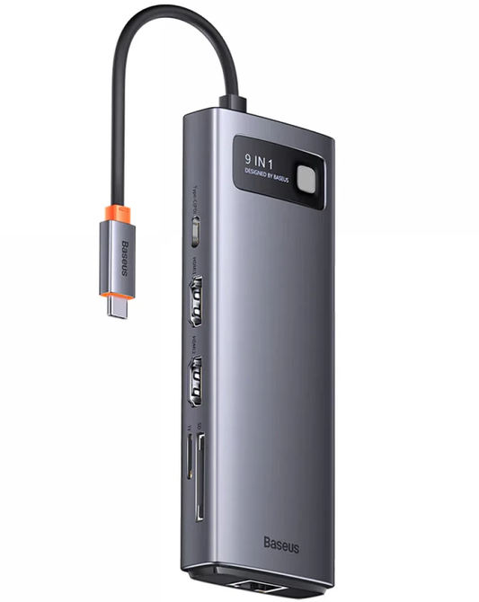 USB-C Hub Baseus Joystar, 2 x USB-A 3.2 - 1 x USB-A - 1 x USB-C - 2 x HDMI - 1 x RJ45 - 1 x SD - 1 x microSD, Grå WKWG060013