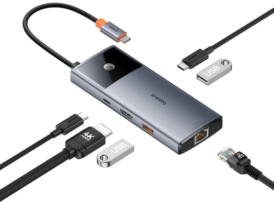 USB-C Hub Baseus Metal Gleam II, 2 x USB-A - 2 x USB-C - 1 x HDMI - 1 x RJ45, Grå B00061802813-00