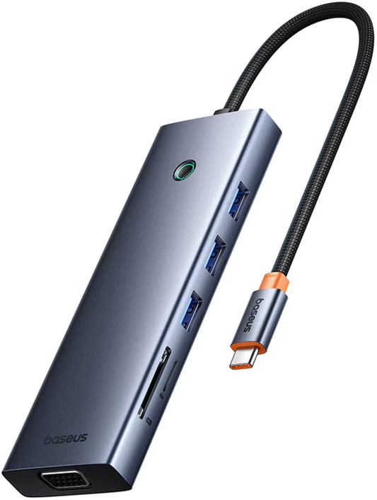 USB-C Hub Baseus UltraJoy, 3 x USB-A 3.0 - 1 x USB-C - 1 x HDMI - 1 x VGA - 1 x Jack 3,5 mm - 1 x RJ45 - 1 x SD - 1 x microSD, Grå B0005280C811-00