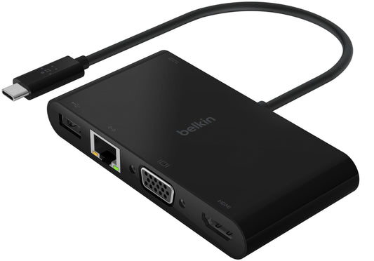 Belkin Connect USB-C Hub, 1 x USB-A 3.0 - 1 x USB-C - 1 x HDMI - 1 x VGA - 1 x RJ45, Sort AVC004btBK