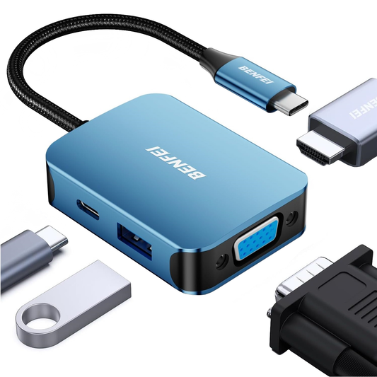 Hub USB-C Benfei, 1 x USB-A 3.0 - 1 x USB-C - 1 x HDMI - 1 x VGA, Blå