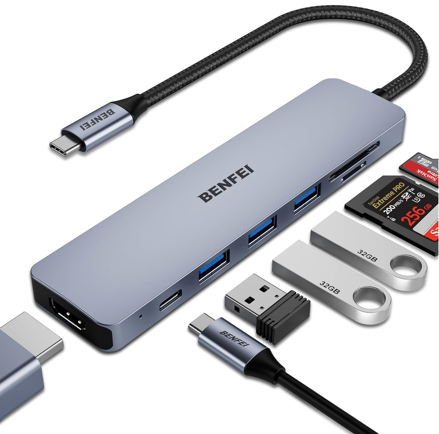 USB-C Hub Benfei, 3 x USB-A 3.0 - 1 x USB-C - 1 x HDMI - 1 x SD - 1 x microSD, Grå