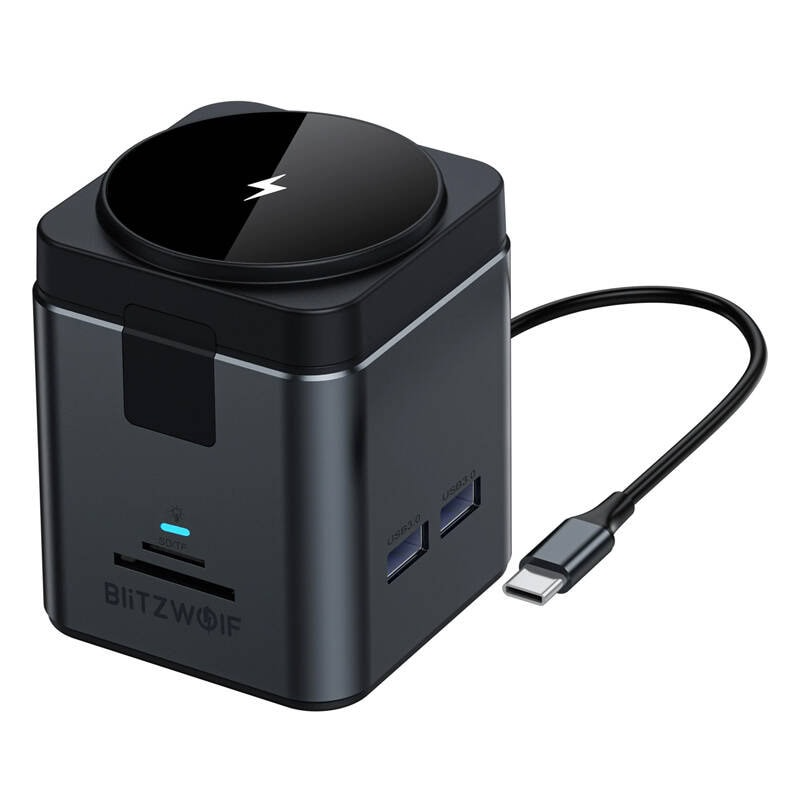 USB-C Hub med trådløs QI-opladning BlitzWolf BW-TH17, 9i1, Sort