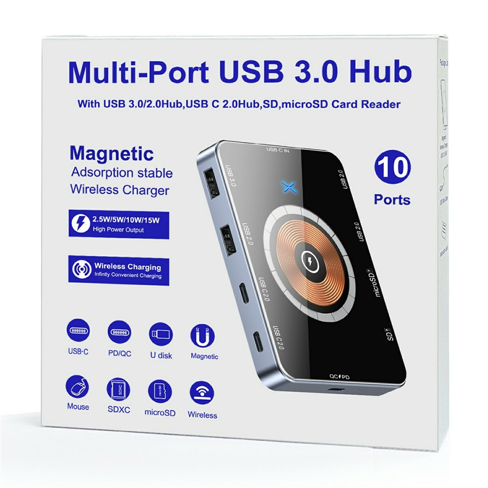 USB-C Hub med trådløs QI-opladning OEM YC7209, 10i1, Grå