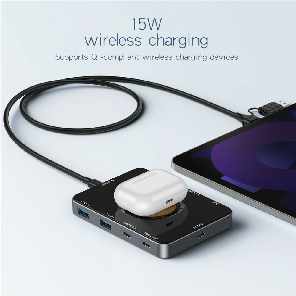 USB-C Hub med trådløs QI-opladning OEM YC7209, 10i1, Grå