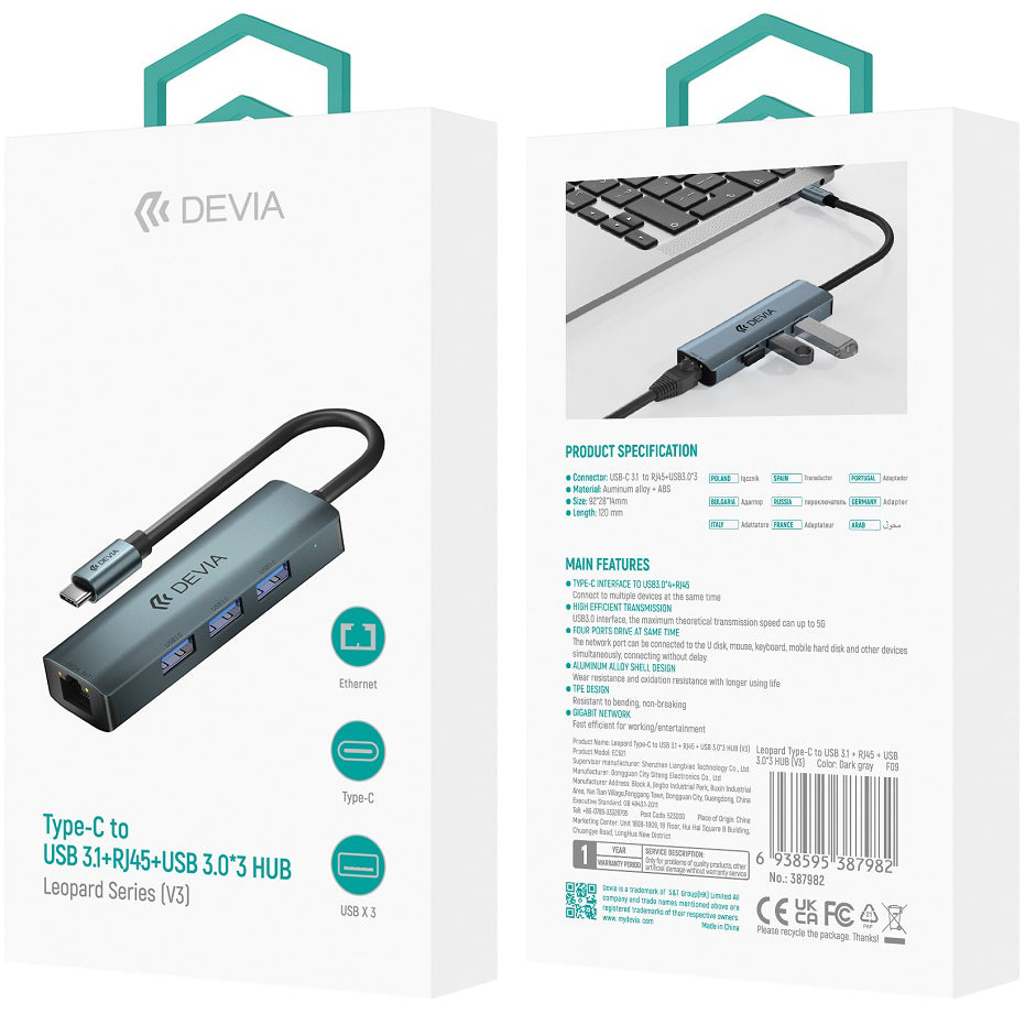 Hub USB-C DEVIA EC621, 3 x USB-A 3.0 - 1 x RJ45, Grå