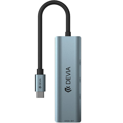 Hub USB-C DEVIA EC621, 3 x USB-A 3.0 - 1 x RJ45, Grå