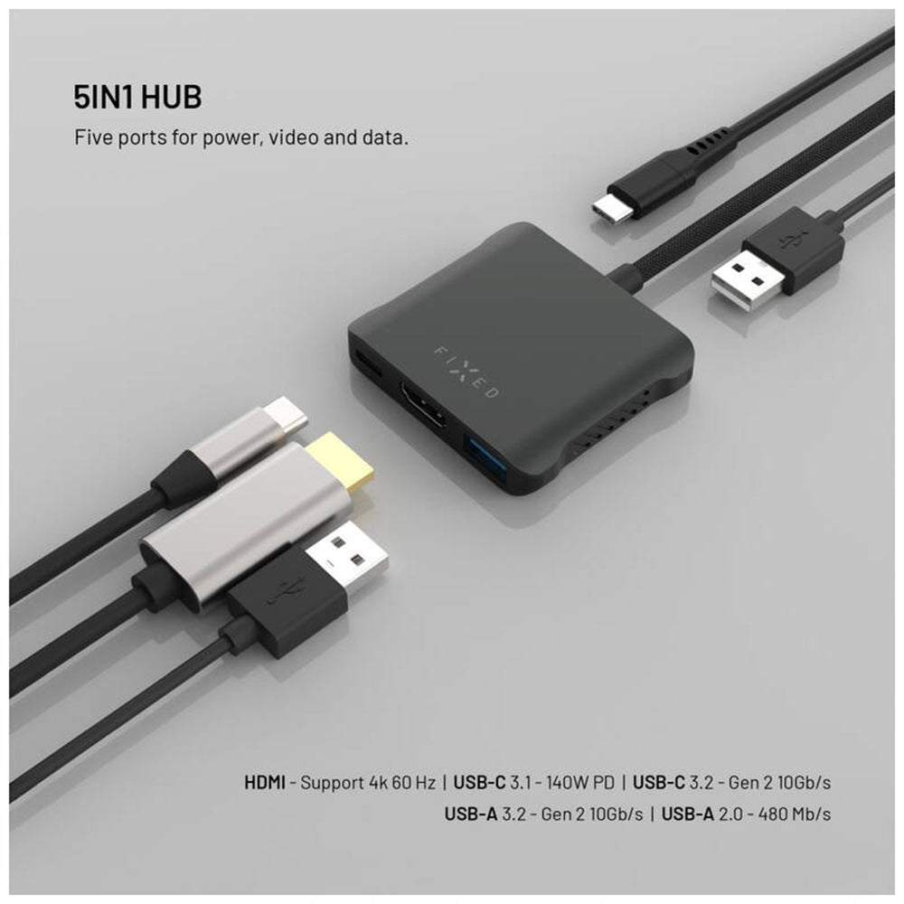 Hub USB-C Fixed Quadri, 5i1, Sort