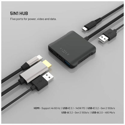 Hub USB-C Fixed Quadri, 5i1, Sort