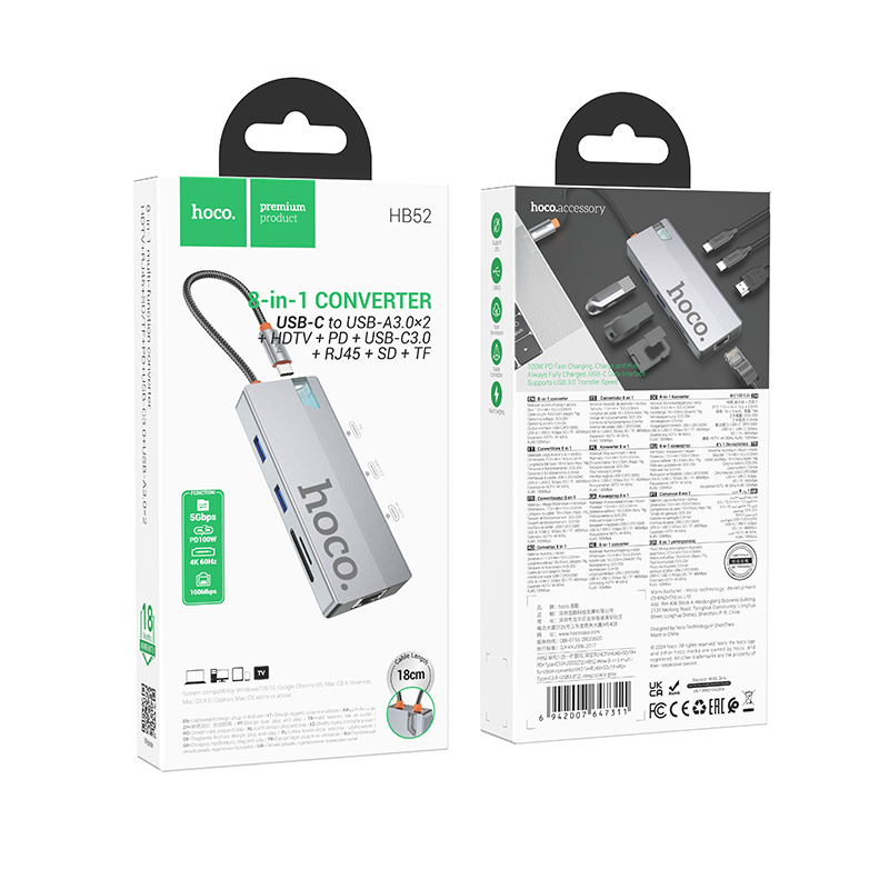 USB-C Hub HOCO HB52, 2 x USB-A 3.0 - 2 x USB-C - 1 x HDMI - 1 x RJ45 - 1 x SD - 1 x microSD, Grå