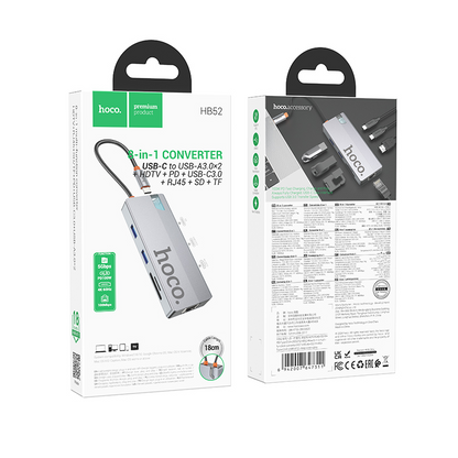 USB-C Hub HOCO HB52, 2 x USB-A 3.0 - 2 x USB-C - 1 x HDMI - 1 x RJ45 - 1 x SD - 1 x microSD, Grå