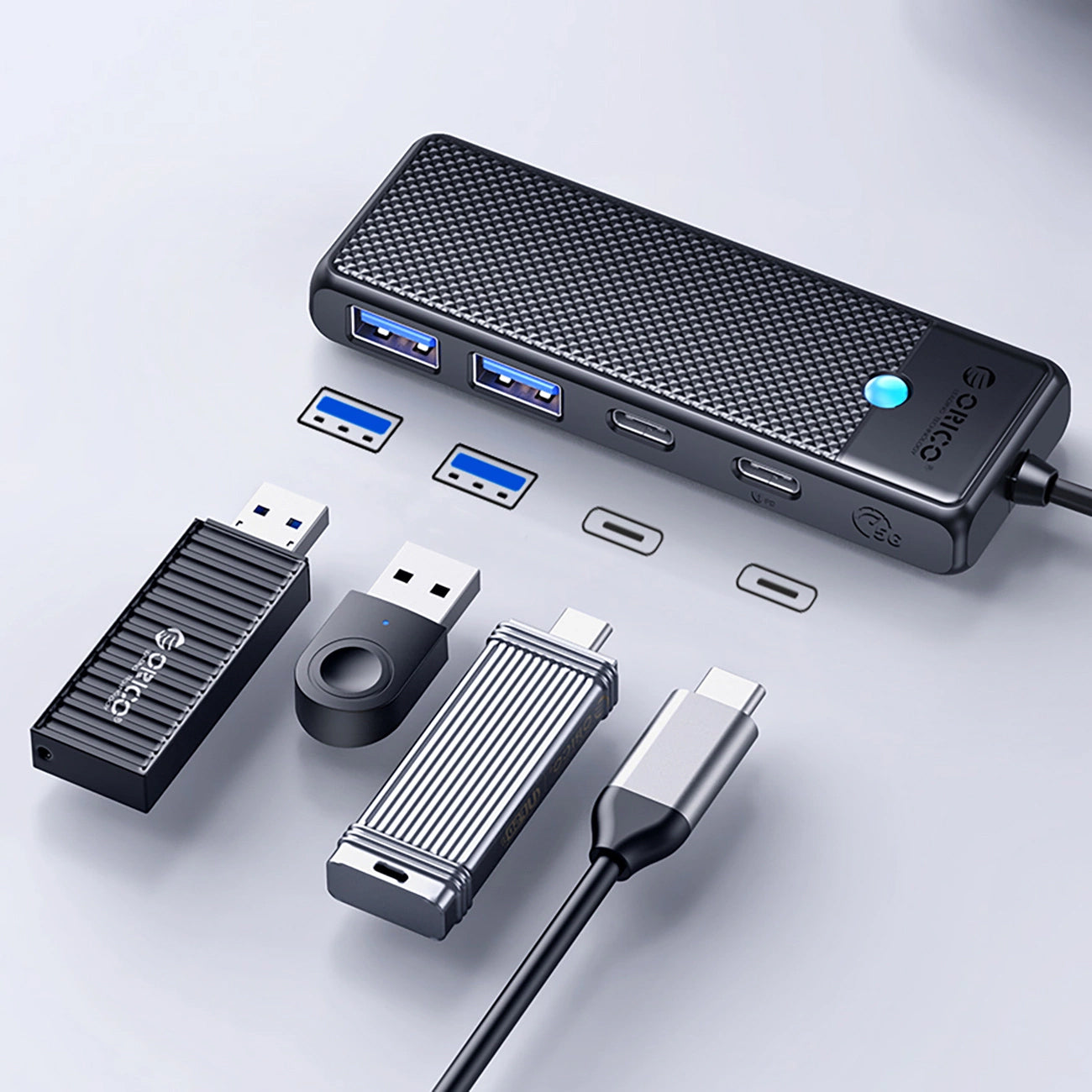 Hub USB-C Orico PAPW2AC-C3, 2 x USB-A 3.0 - 2 x USB-C, Sort
