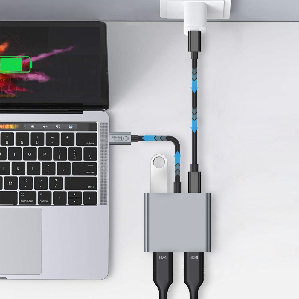 Tech-Protect HB08 USB-C Hub, 1 x USB-A - 1 x USB-C - 2 x HDMI, Gray