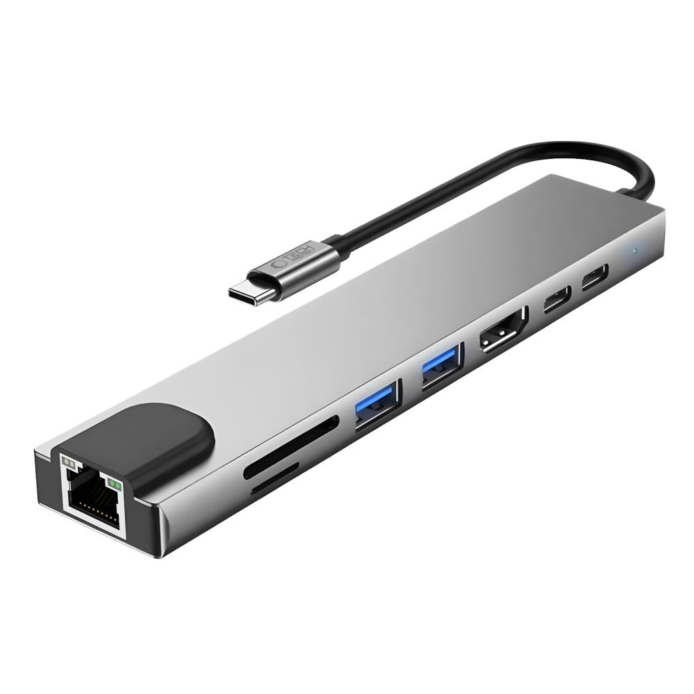 USB-C Hub Tech-Protect HB09, 2 x USB-A 3.0 - 2 x USB-C - 1 x HDMI - 1 x RJ45 - 1 x SD - 1 x microSD, Grå