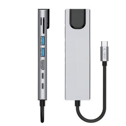 USB-C Hub Tech-Protect HB09, 2 x USB-A 3.0 - 2 x USB-C - 1 x HDMI - 1 x RJ45 - 1 x SD - 1 x microSD, Grå