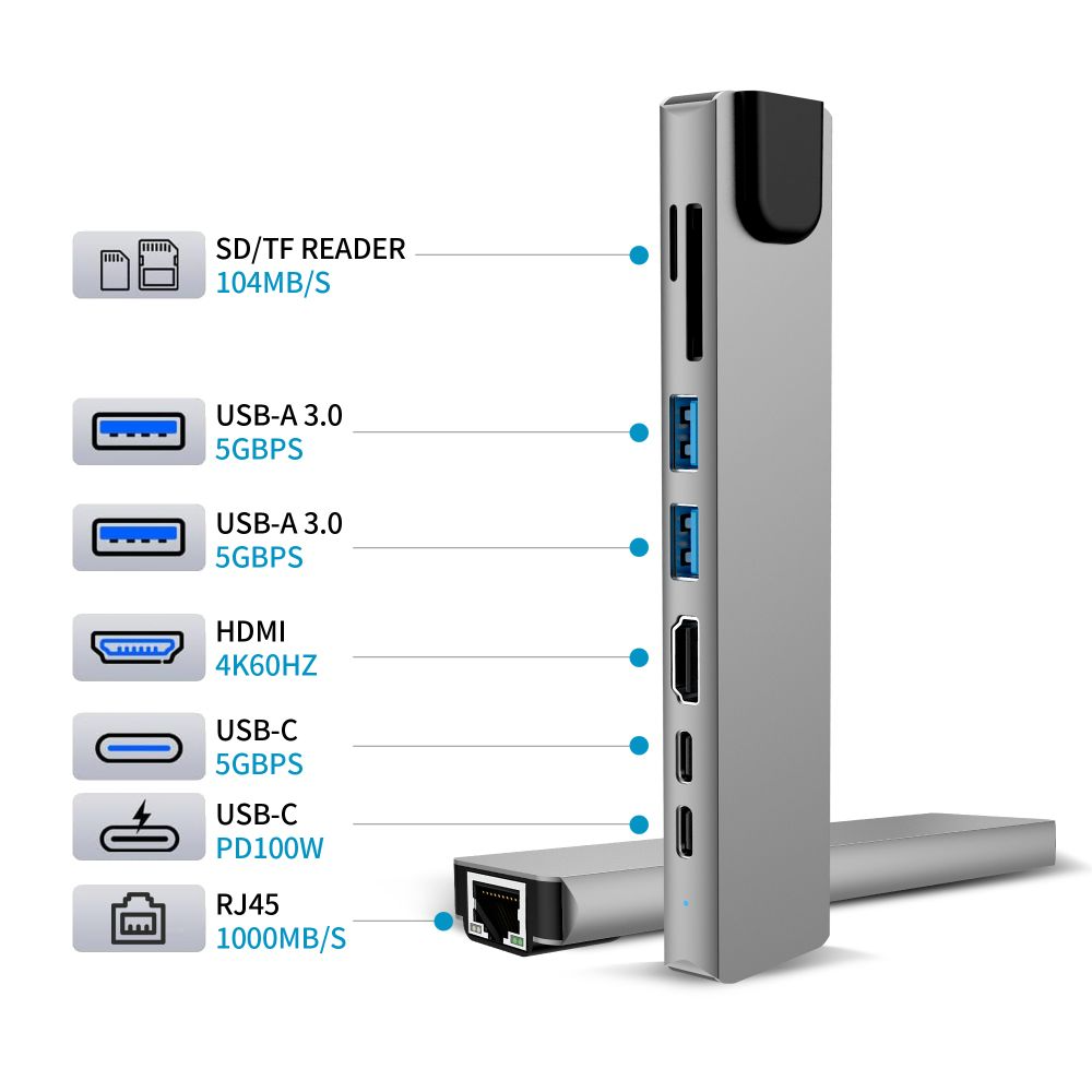USB-C Hub Tech-Protect HB09, 2 x USB-A 3.0 - 2 x USB-C - 1 x HDMI - 1 x RJ45 - 1 x SD - 1 x microSD, Grå