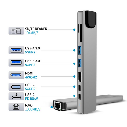 USB-C Hub Tech-Protect HB09, 2 x USB-A 3.0 - 2 x USB-C - 1 x HDMI - 1 x RJ45 - 1 x SD - 1 x microSD, Grå