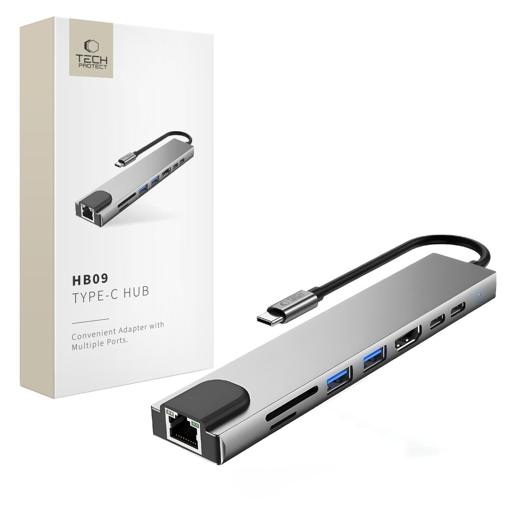 USB-C Hub Tech-Protect HB09, 2 x USB-A 3.0 - 2 x USB-C - 1 x HDMI - 1 x RJ45 - 1 x SD - 1 x microSD, Grå