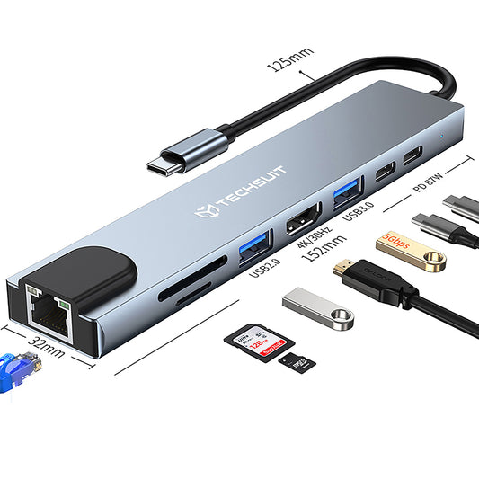Hub USB-C Techsuit H2 NetBridge, 8in1, Grå