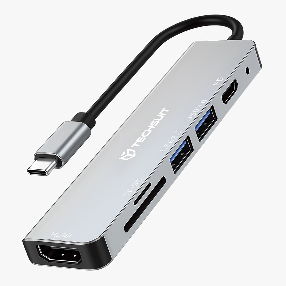Hub USB-C Techsuit H5 TurboChargeX, 6in1, Grå