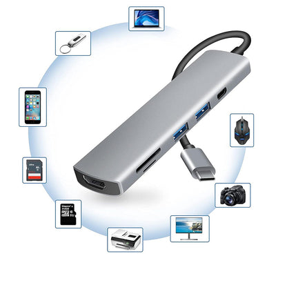 Hub USB-C Techsuit H5 TurboChargeX, 6in1, Grå