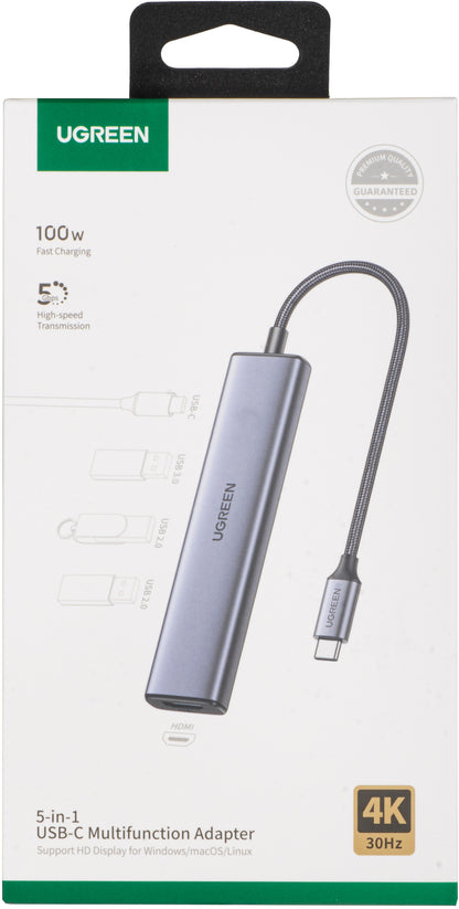Hub USB-C UGREEN CM478, 1 x USB-A 3.0 - 2 x USB-A - 1 x USB-C - 1 x HDMI, Grå